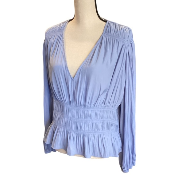 Lavender Smocked Peplum Blouse Long Sleeve Deep V-Neck Boho Top Size XL Romantic - Picture 1 of 9